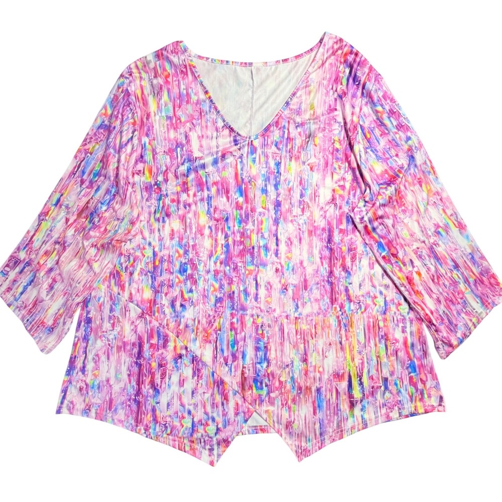 Womens 3X Abstract Multi-Color Psychedelic V-Neck Asymmetrical Hem‎ Tunic Top